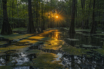 Obraz premium Beautiful sunrise illuminates pretty swamp, as pretty first light gently touches pretty horizon, creating appealing mesmerizing play of shadows on pretty trees and marking pretty beginning of appeali