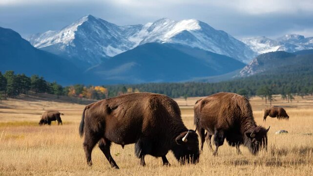 A captivating image of bison grazing in an expansive grassy field, with majestic mountains in the background, highlighting the raw beauty of nature and wildlife in a serene ecosystem.