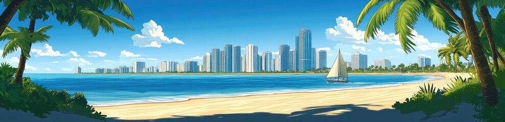 A tropical beach scene with a cityscape in the background.