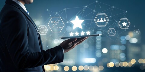 Businessman's hand makes a digital touch on a virtual screen, representing future technology and global network connection