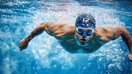 Athletic male swimmer in competitive freestyle.