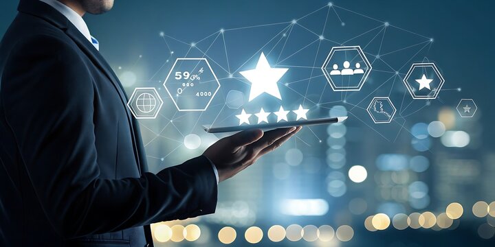 Businessman's hand makes a digital touch on a virtual screen, representing future technology and global network connection