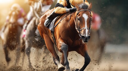 Obraz premium Intense Horse Racing Close-Up with Jockey in Gold and Black Silks at Full Gallop