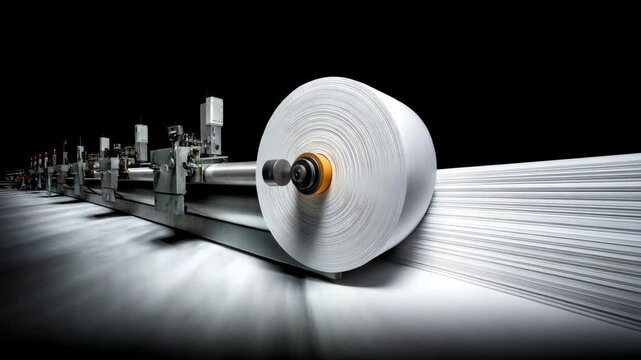 A large industrial paper roll is rapidly unwinding on a machine in a dark manufacturing setting.