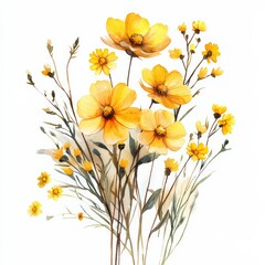 Fototapeta premium Vibrant Yellow Wildflowers in Soft Watercolor Style Illustration