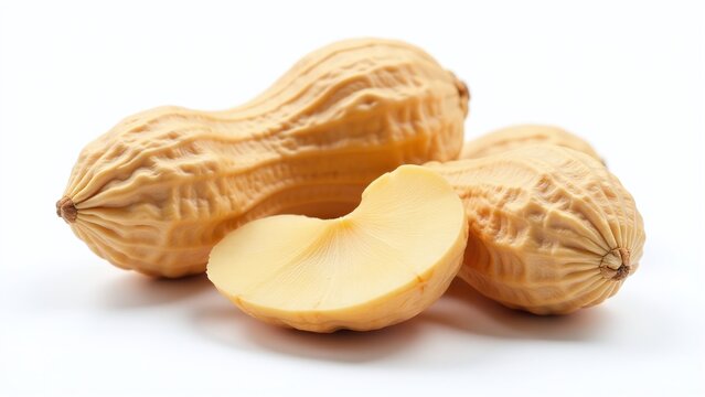 Authentic peanut halves, isolated on white background, raw nut surfaces and deep ridges, ultra-detailed food photography