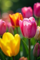 Close-up of a variety of colorful spring blooms in a beautiful garden setting, vibrant, variety, background