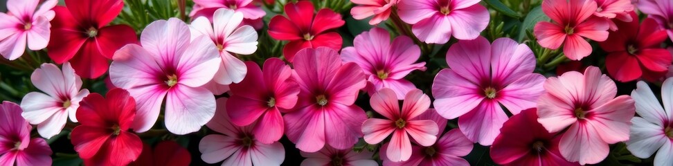 Fototapeta premium Close-up of a variety of phlox flowers creating a beautiful pattern, blossoms, multicolored, backdrop