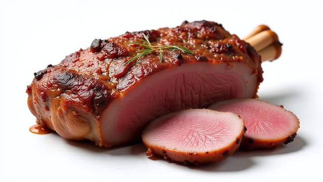 Cooked mutton roast, isolated on white background, crispy browned crust and tender meat, ultra-detailed food photography