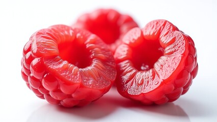 Cloudberry halves, isolated on white background, intricate fruit structure and glossy moisture, photorealistic macro