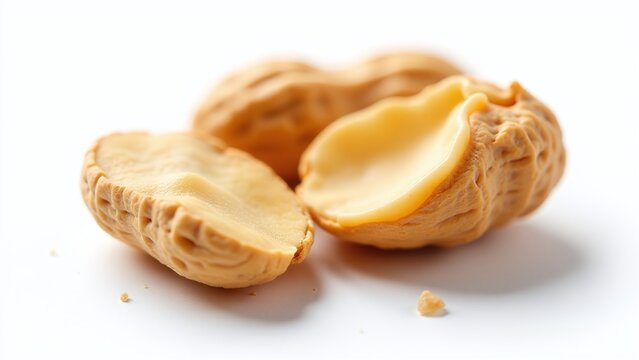 Cracked peanuts, isolated on white background, detailed nut interior and broken shell, photorealistic macro