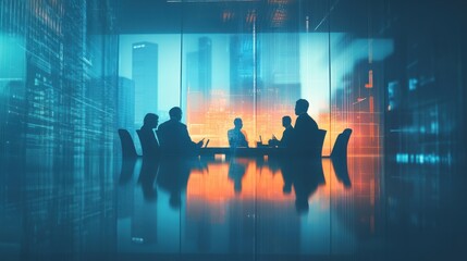 Futuristic business meeting with city view and digital graphic overlays