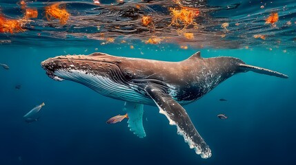 Obraz premium Magnificent humpback whale gracefully swims beneath the shimmering ocean surface