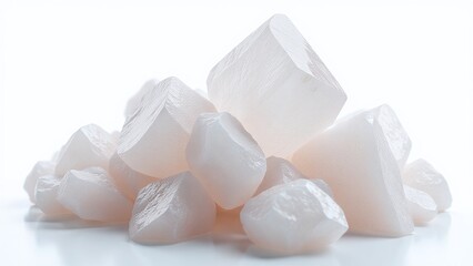 Natural Pakistani salt crystals, isolated on white background, raw mineral beauty and translucent formations, ultra-detailed shot