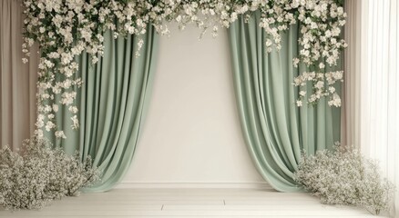 A soft sage green draped backdrop adorned with delicate white flowers.