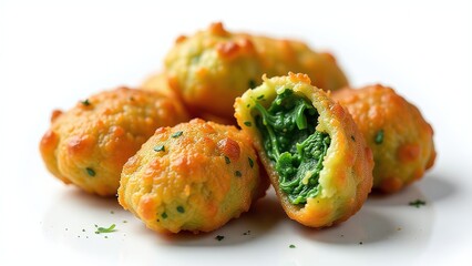Fototapeta premium Spinach pakora, isolated on white background, vibrant green texture and crispy batter, ultra-detailed photorealistic composition