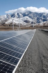 A vast solar power station, with numerous panels and wind turbines generating clean energy - installation energy clean renewable