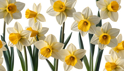 Obraz premium yellow and white daffodils on white | Close-up of beautiful yellow and white daffodil flowers in full bloom set against a plain light background, showcasing their vibrant petals and simple elegance.