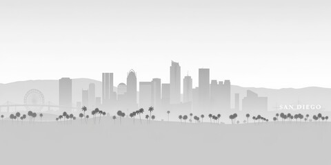 Naklejka premium Black and white silhouette of San Diego skyline, horizontal banner format, vector illustration, template, cityscape illustration