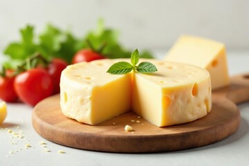 Artisanal cheese wheel, pristine white backdrop, healthy, blank, photography