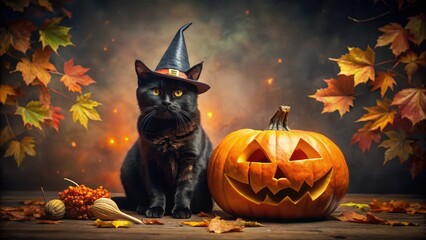 Black cat wearing a pointy witch hat sits in front of a carved pumpkin with a spooky face, surrounded by autumn leaves and a dark background , mystical atmosphere, autumnal setting