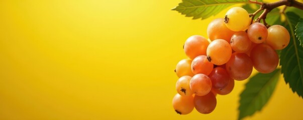 Sunlit citrus & grapes cluster, yellow background, closeup, food