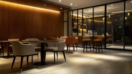 Stylish and modern restaurant interior with tables and warm lighting.