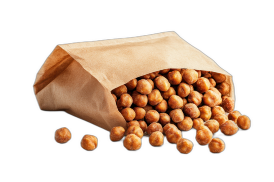A bag of peanuts with a red label, filled with shelled peanuts. Isolated on transparent background.