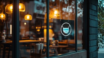 A cafe window displaying a mask sign; safety and caution indoors.