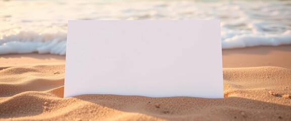 Blank white card lies on sun-kissed sand near ocean waves, blank, summer vacation