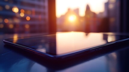 Modern tablet resting on a reflective surface, cityscape view.