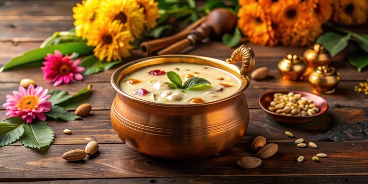 traditional kerala sweet dish palada payasam served in a decorated brass or copper pot on a wooden table amidst greenery and flowers , Traditional Indian Sweets, Wooden Table
