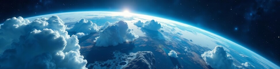 Blue and green earth planet with white clouds in space, green, globe, space