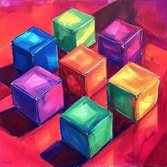 Colorful cubes on red surface