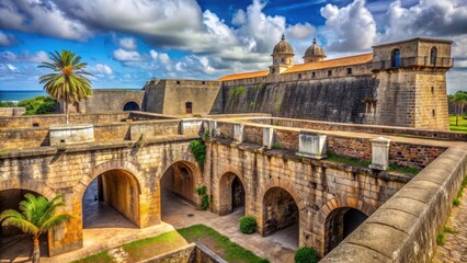 Fototapeta premium Ancient architecture sprawls beneath the Portuguese colonial-era fortifications , portuguese-colonial, fortifications