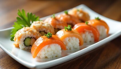 Assorted sushi rolls on white plate, garnished with wasabi, rolls, cuisine