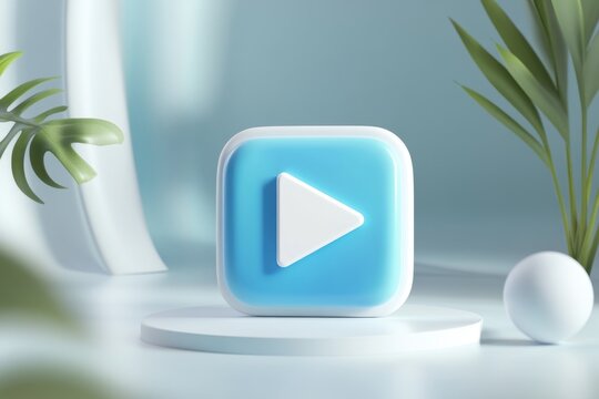Play button icon on a light blue square podium. 3D render