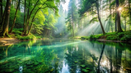Obraz premium Misty forest glade with crystal-clear pool reflecting verdant canopy above , pool, respite, pool,respite, tranquility
