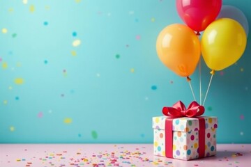 Bright happy birthday banner with balloons and gift box against colorful backdrop, decor, congratulation