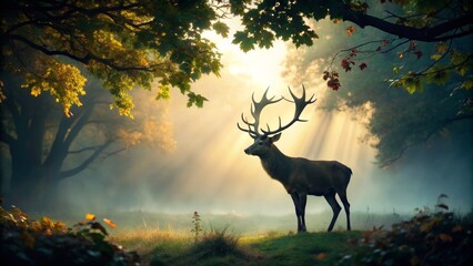 Obraz premium Majestic Stag in Autumn Forest Sunlight