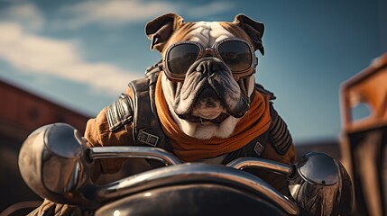dog is riding a motorcycle wearing a helmet and goggles