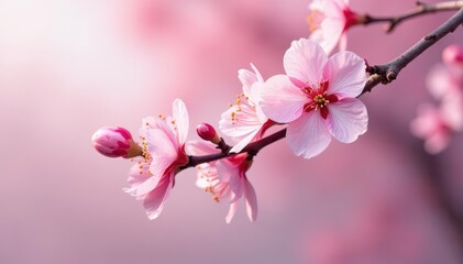 Delicate pink cherry blossoms in full bloom on a graceful tree branch , painting, aesthetic, photo