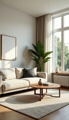 Bright modern living room with minimalist decor and natural light, modern, contemporary