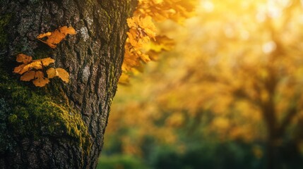 Obraz premium Aged tree trunk adorned with moss and fallen leaves against golden blurred foliage
