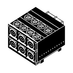 Isometric black and white representation of a server unit with multiple drives