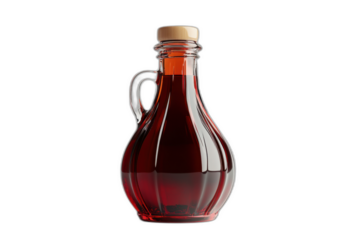 Clear glass bottle of syrup with label and cap, liquid inside, on white surface. Isolated on transparent background.