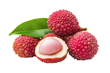 Group of lychees, some whole and some cut open, displaying their pink flesh, sits atop bright green leaves. The vibrant colors and fresh appearance highlight the fruit's appeal.