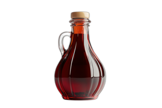 Clear glass bottle of syrup with label and cap, liquid inside, on white surface. Isolated on transparent background.