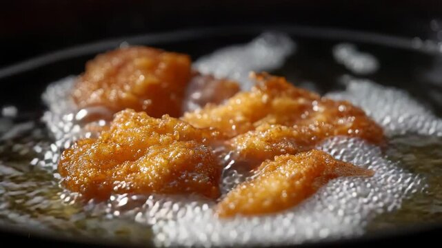 Crispy Golden Fried Food Cooking in Bubbling Oil Close-Up