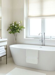 Modern bathroom with elegant bathtub and decor.
